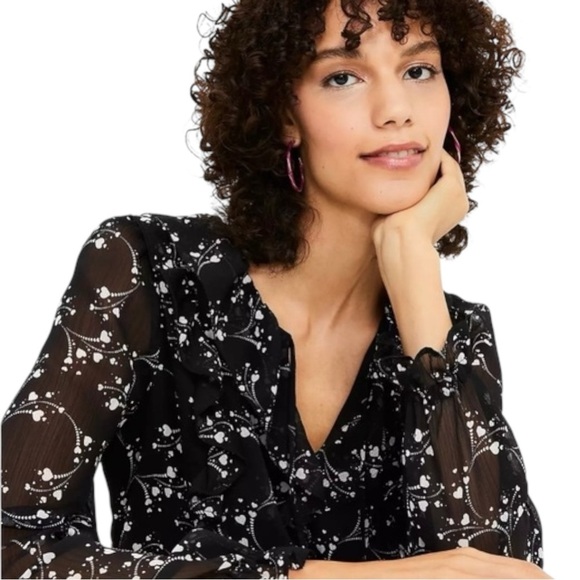 Whimsigoth Black White Blouse Size Large Petite Heart Print Top Chiffon Poet EUC - Picture 9 of 11